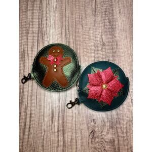 Portland Leather Holiday Pouch Set of 2 Bag Charms Gingerbread & Poinsettia NEW